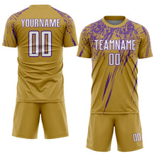 Load image into Gallery viewer, Custom Old Gold White-Purple Splash Sports Sublimation Soccer Uniform Jersey