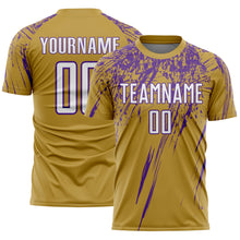 Load image into Gallery viewer, Custom Old Gold White-Purple Splash Sports Sublimation Soccer Uniform Jersey