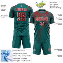 Загрузить изображение в средство просмотра галереи, Custom Teal Red-White Splash Sports Sublimation Soccer Uniform Jersey