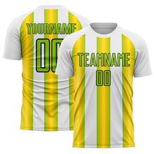 Load image into Gallery viewer, Custom White Neon Green Yellow-Black Stripes Sports Sublimation Soccer Uniform Jersey