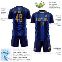Загрузить изображение в средство просмотра галереи, Custom Navy Old Gold-Thunder Blue Stripes Sports Sublimation Soccer Uniform Jersey