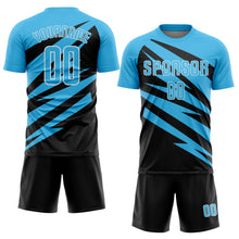 Laden Sie das Bild in den Galerie-Viewer, Custom Sky Blue Black-White Abstract Line Sports Sublimation Soccer Uniform Jersey