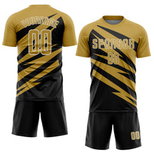 Charger l'image dans la galerie, Custom Old Gold Black-White Abstract Line Sports Sublimation Soccer Uniform Jersey