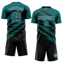 Laden Sie das Bild in den Galerie-Viewer, Custom Teal Black-White Abstract Line Sports Sublimation Soccer Uniform Jersey