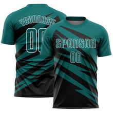 Laden Sie das Bild in den Galerie-Viewer, Custom Teal Black-White Abstract Line Sports Sublimation Soccer Uniform Jersey