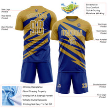 Laden Sie das Bild in den Galerie-Viewer, Custom Old Gold Royal-White Abstract Line Sports Sublimation Soccer Uniform Jersey