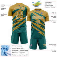 Laden Sie das Bild in den Galerie-Viewer, Custom Old Gold Teal-White Abstract Line Sports Sublimation Soccer Uniform Jersey