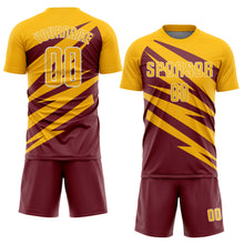 Загрузить изображение в средство просмотра галереи, Custom Gold Burgundy-White Abstract Line Sports Sublimation Soccer Uniform Jersey