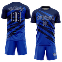 Charger l'image dans la galerie, Custom Navy Thunder Blue-White Abstract Line Sports Sublimation Soccer Uniform Jersey