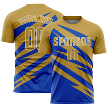 Загрузить изображение в средство просмотра галереи, Custom Old Gold Thunder Blue-White Abstract Line Sports Sublimation Soccer Uniform Jersey