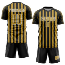 Load image into Gallery viewer, Custom Black Old Gold-White Stripe Sports Sublimation Soccer Uniform Jersey