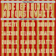 Laden Sie das Bild in den Galerie-Viewer, Custom Red Old Gold-White Stripe Sports Sublimation Soccer Uniform Jersey