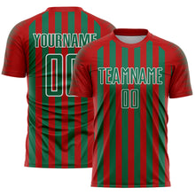 Laden Sie das Bild in den Galerie-Viewer, Custom Red Kelly Green-White Stripe Sports Sublimation Soccer Uniform Jersey