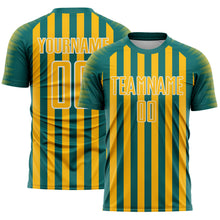 Laden Sie das Bild in den Galerie-Viewer, Custom Teal Gold-White Stripe Sports Sublimation Soccer Uniform Jersey