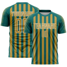 Load image into Gallery viewer, Custom Teal Old Gold-White Stripe Sports Sublimation Soccer Uniform Jersey