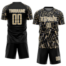 Laden Sie das Bild in den Galerie-Viewer, Custom Black Vegas Gold-White Abstract Line Sports Sublimation Soccer Uniform Jersey