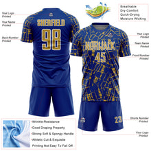 Laden Sie das Bild in den Galerie-Viewer, Custom Royal Old Gold-White Abstract Line Sports Sublimation Soccer Uniform Jersey