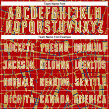 Загрузить изображение в средство просмотра галереи, Custom Red Old Gold White-Blue Abstract Line Sports Sublimation Soccer Uniform Jersey