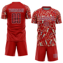 Load image into Gallery viewer, Custom Red Crimson Cream White-Blue Abstract Line Sports Sublimation Soccer Uniform Jersey