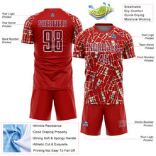 Load image into Gallery viewer, Custom Red Crimson Cream White-Blue Abstract Line Sports Sublimation Soccer Uniform Jersey