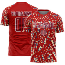 Load image into Gallery viewer, Custom Red Crimson Cream White-Blue Abstract Line Sports Sublimation Soccer Uniform Jersey