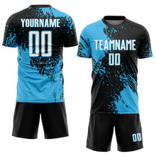 Загрузить изображение в средство просмотра галереи, Custom Black White-Sky Blue Abstract Brush Stroke Sports Sublimation Soccer Uniform Jersey