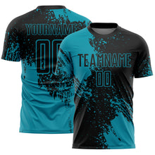 Laden Sie das Bild in den Galerie-Viewer, Custom Black Teal Abstract Brush Stroke Sports Sublimation Soccer Uniform Jersey