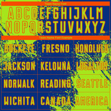 Laden Sie das Bild in den Galerie-Viewer, Custom Royal Neon Green-Orange Abstract Brush Stroke Sports Sublimation Soccer Uniform Jersey