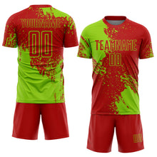 Load image into Gallery viewer, Custom Red Neon Green Abstract Brush Stroke Sports Sublimation Soccer Uniform Jersey