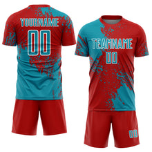 Load image into Gallery viewer, Custom Red Teal-White Abstract Brush Stroke Sports Sublimation Soccer Uniform Jersey