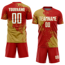 Load image into Gallery viewer, Custom Red White-Old Gold Abstract Brush Stroke Sports Sublimation Soccer Uniform Jersey