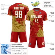 Load image into Gallery viewer, Custom Red White-Old Gold Abstract Brush Stroke Sports Sublimation Soccer Uniform Jersey