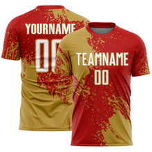 Load image into Gallery viewer, Custom Red White-Old Gold Abstract Brush Stroke Sports Sublimation Soccer Uniform Jersey