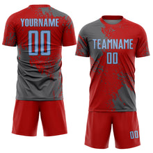 Load image into Gallery viewer, Custom Red Light Blue-Steel Gray Abstract Brush Stroke Sports Sublimation Soccer Uniform Jersey