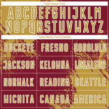 Загрузить изображение в средство просмотра галереи, Custom Crimson White-Old Gold Abstract Brush Stroke Sports Sublimation Soccer Uniform Jersey