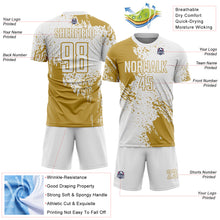 Загрузить изображение в средство просмотра галереи, Custom White Old Gold Abstract Brush Stroke Sports Sublimation Soccer Uniform Jersey