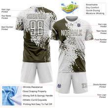 Laden Sie das Bild in den Galerie-Viewer, Custom White Olive Abstract Brush Stroke Sports Sublimation Soccer Uniform Jersey
