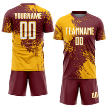 Загрузить изображение в средство просмотра галереи, Custom Burgundy White-Gold Abstract Brush Stroke Sports Sublimation Soccer Uniform Jersey
