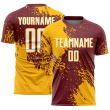 Загрузить изображение в средство просмотра галереи, Custom Burgundy White-Gold Abstract Brush Stroke Sports Sublimation Soccer Uniform Jersey