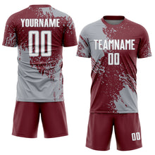 Загрузить изображение в средство просмотра галереи, Custom Burgundy White-Gray Abstract Brush Stroke Sports Sublimation Soccer Uniform Jersey