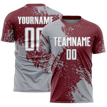Загрузить изображение в средство просмотра галереи, Custom Burgundy White-Gray Abstract Brush Stroke Sports Sublimation Soccer Uniform Jersey