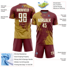 Загрузить изображение в средство просмотра галереи, Custom Burgundy White-Old Gold Abstract Brush Stroke Sports Sublimation Soccer Uniform Jersey