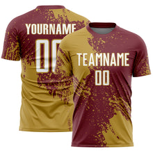 Загрузить изображение в средство просмотра галереи, Custom Burgundy White-Old Gold Abstract Brush Stroke Sports Sublimation Soccer Uniform Jersey