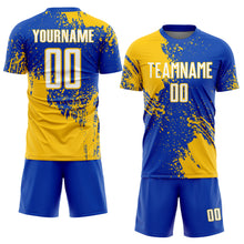 Load image into Gallery viewer, Custom Thunder Blue White-Yellow Abstract Brush Stroke Sports Sublimation Soccer Uniform Jersey