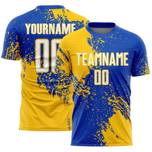 Load image into Gallery viewer, Custom Thunder Blue White-Yellow Abstract Brush Stroke Sports Sublimation Soccer Uniform Jersey
