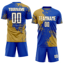 Загрузить изображение в средство просмотра галереи, Custom Thunder Blue White-Old Gold Abstract Brush Stroke Sports Sublimation Soccer Uniform Jersey