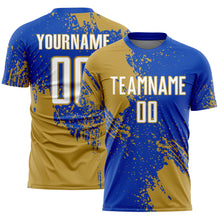 Загрузить изображение в средство просмотра галереи, Custom Thunder Blue White-Old Gold Abstract Brush Stroke Sports Sublimation Soccer Uniform Jersey
