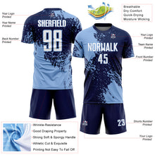 Загрузить изображение в средство просмотра галереи, Custom Navy White-Light Blue Abstract Brush Stroke Sports Sublimation Soccer Uniform Jersey