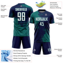 Загрузить изображение в средство просмотра галереи, Custom Navy White-Teal Abstract Brush Stroke Sports Sublimation Soccer Uniform Jersey