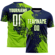 Load image into Gallery viewer, Custom Navy White-Neon Green Abstract Brush Stroke Sports Sublimation Soccer Uniform Jersey